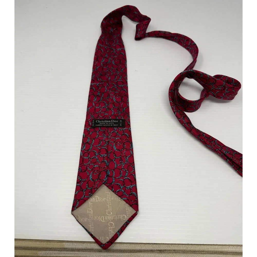 Christian‎ Dior Designer Tie Men's One Size Red Woven Rings Geometric Silk